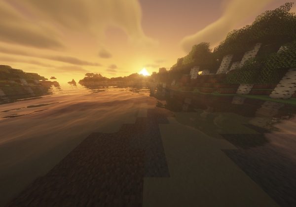 Minecraft基岩版游戏主界面截图，像素风格的草地世界与蓝天白云，玩家角色站在山顶俯瞰建筑群，画面温暖明亮，体现mc基岩版下载后的游戏场景